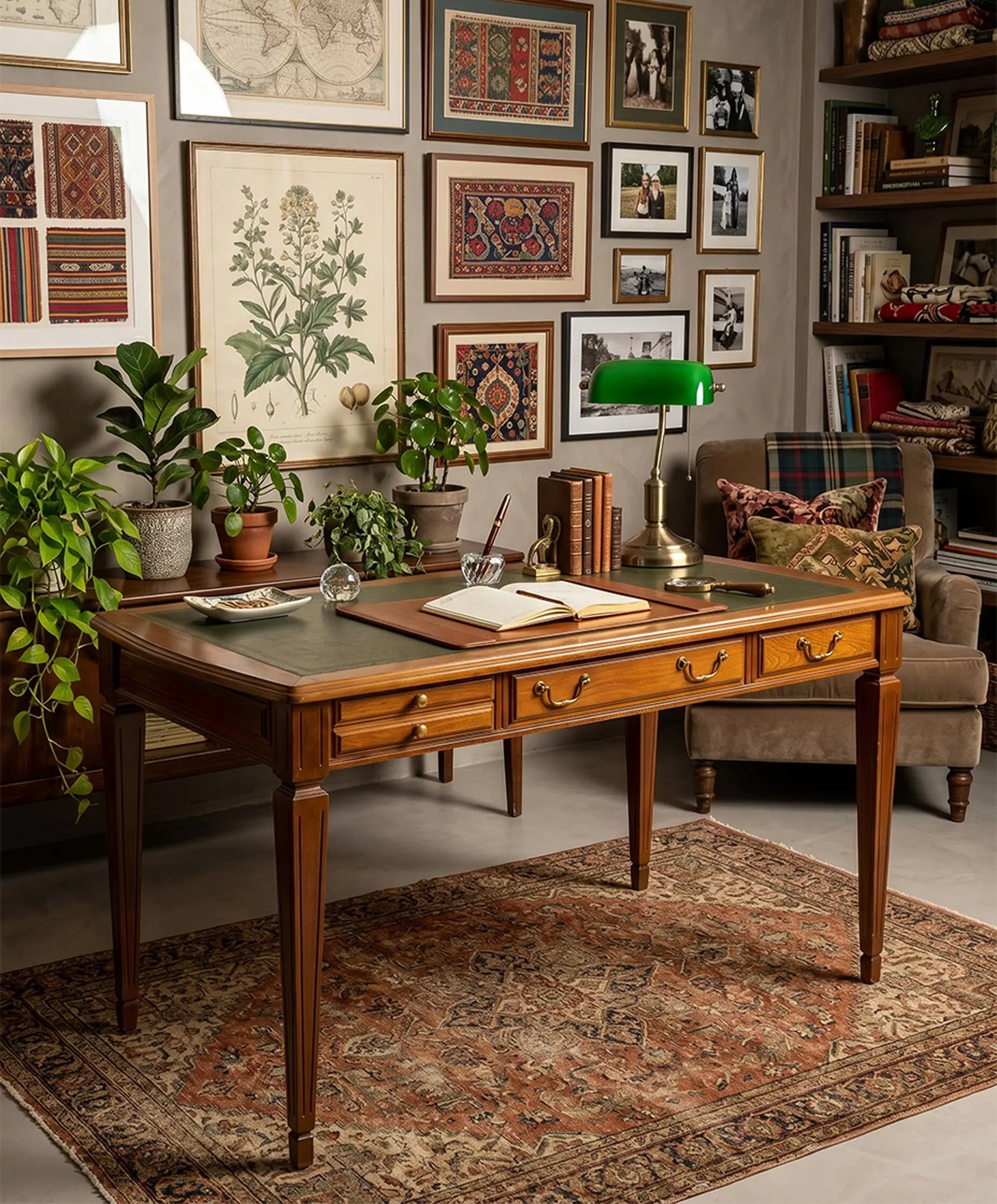 Escritorio de centro vintage en madera de nogal y cuero verde (Estilo Directorio / Luis XVI)