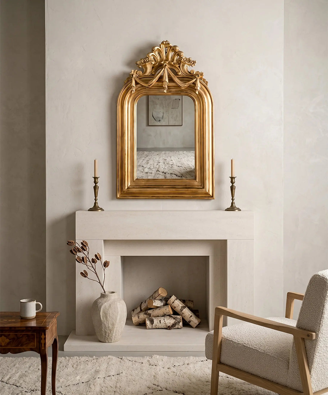 Espejo antiguo dorado al pan de oro estilo Luis XVI colocado sobre una chimenea blanca moderna, flanqueado por dos candelabros.