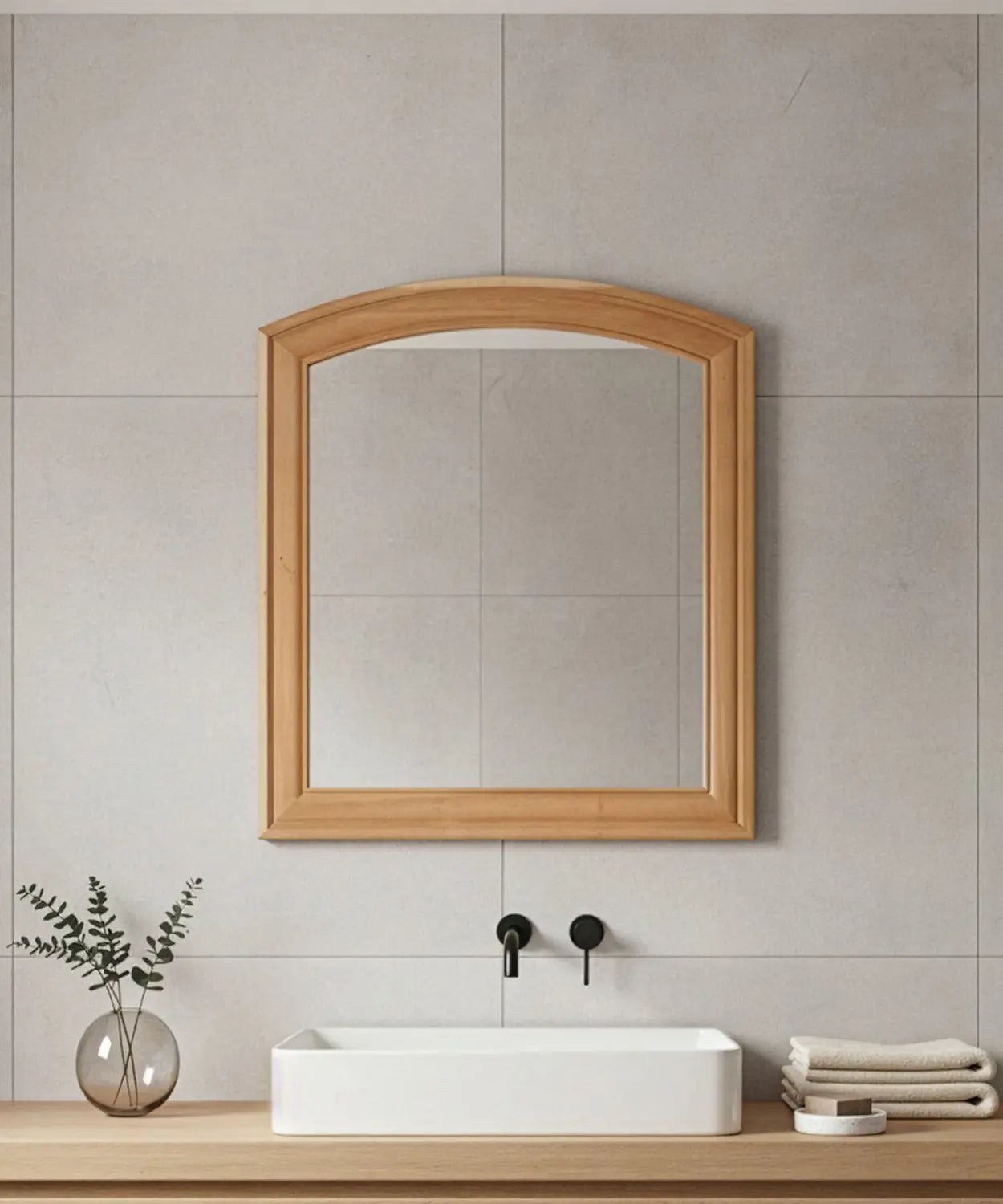 Espejo de madera colgado en pared de baño gris minimalista