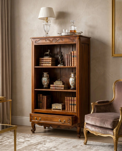 Librería antigua Luis XV madera maciza con cajón en salón clásico — Antique Arte y Decoración