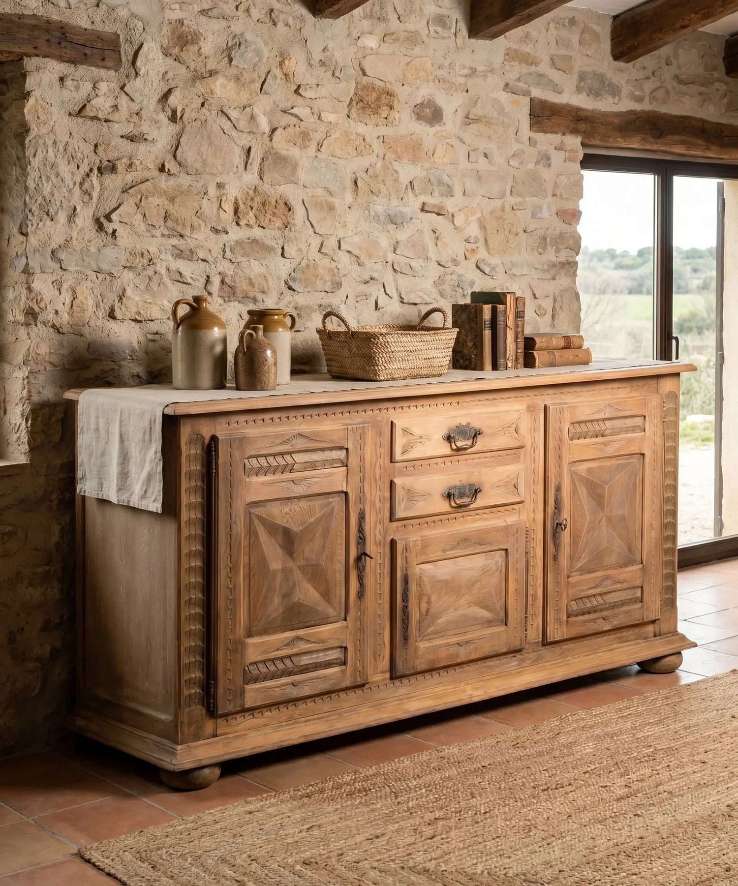 Aparador roble natural tallado en masía con pared de piedra y vigas vistas — Antique Arte y Decoración