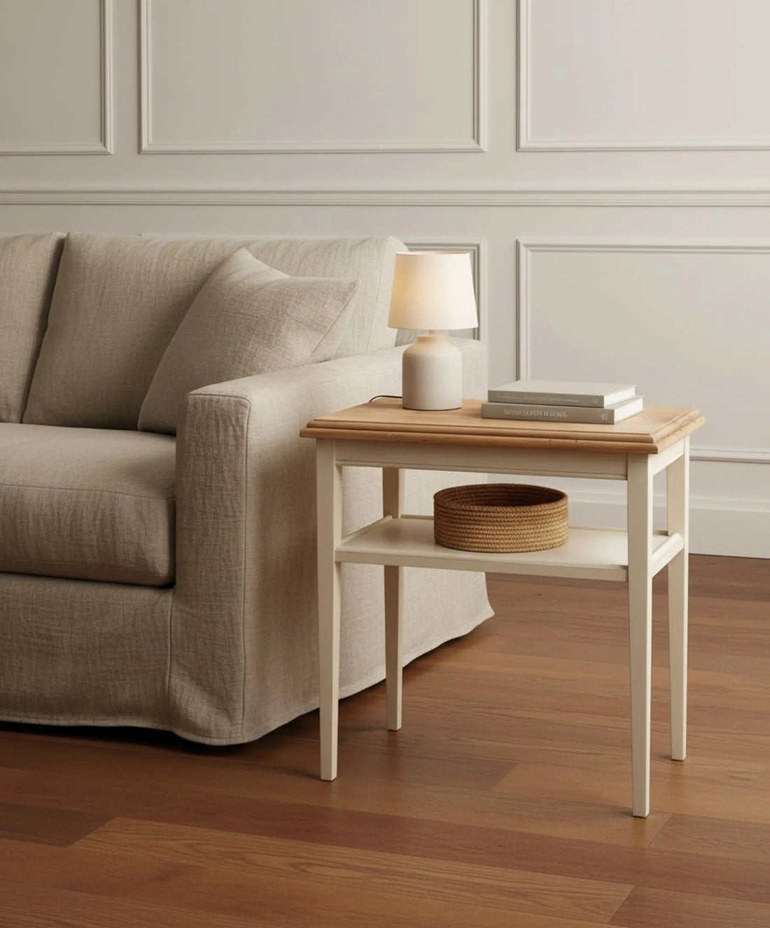 Mesa Auxiliar Vintage Bicolor en Madera y Blanco | Mediados del Siglo XX