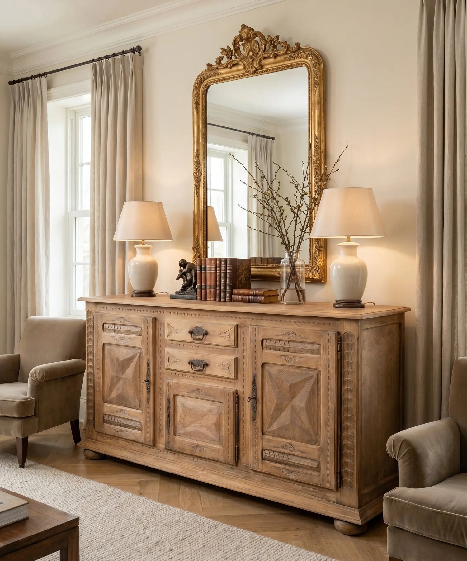 Aparador roble macizo natural en salón clásico con espejo dorado y butacas — Antique Arte y Decoración