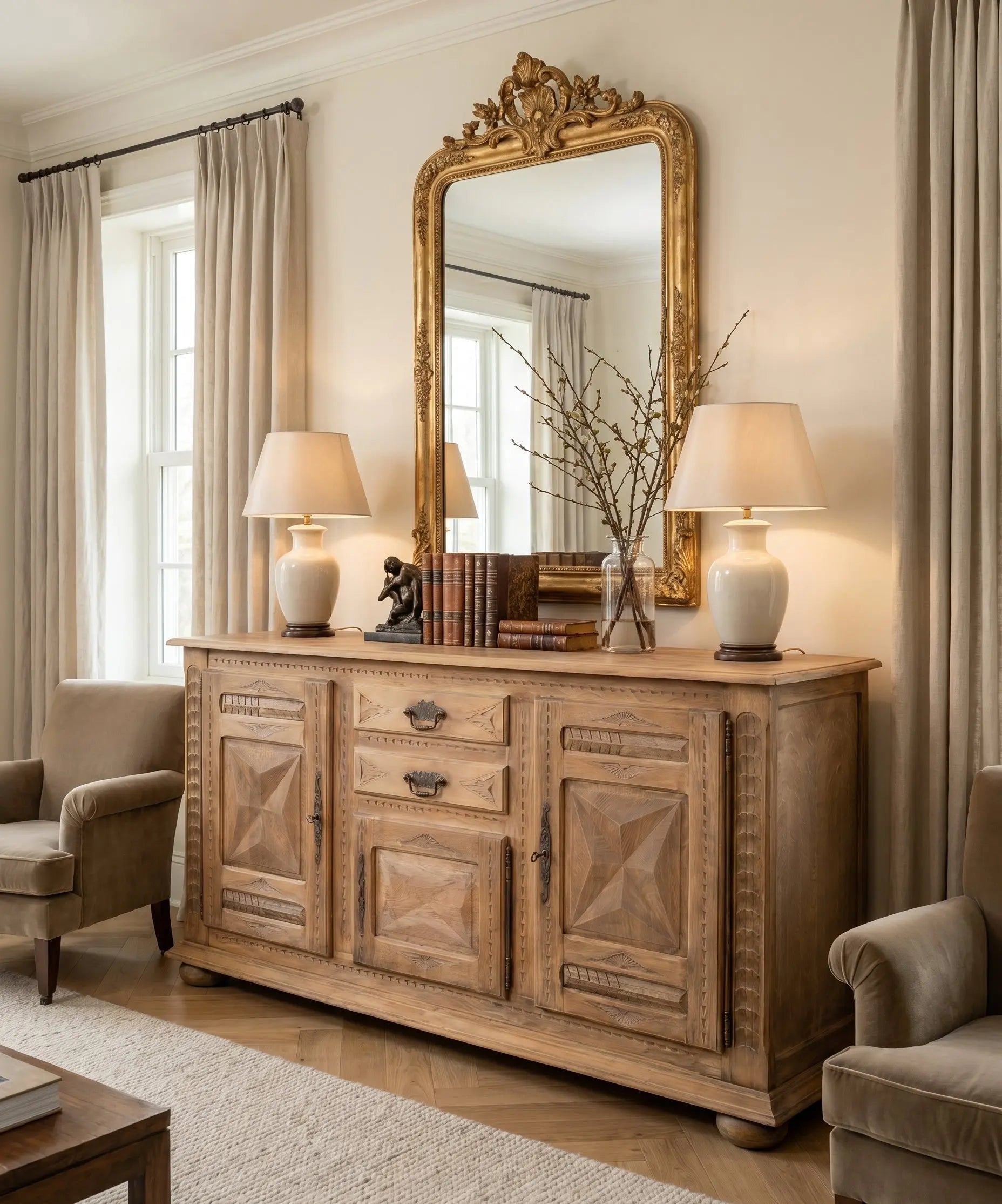 Aparador roble macizo natural en salón clásico con espejo dorado y butacas — Antique Arte y Decoración