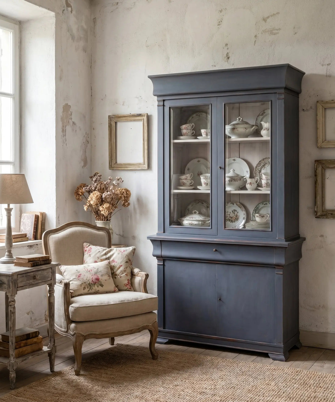 Alacena azul integrada en un ambiente romántico shabby chic, rodeada de tonos pastel y maderas lavadas.