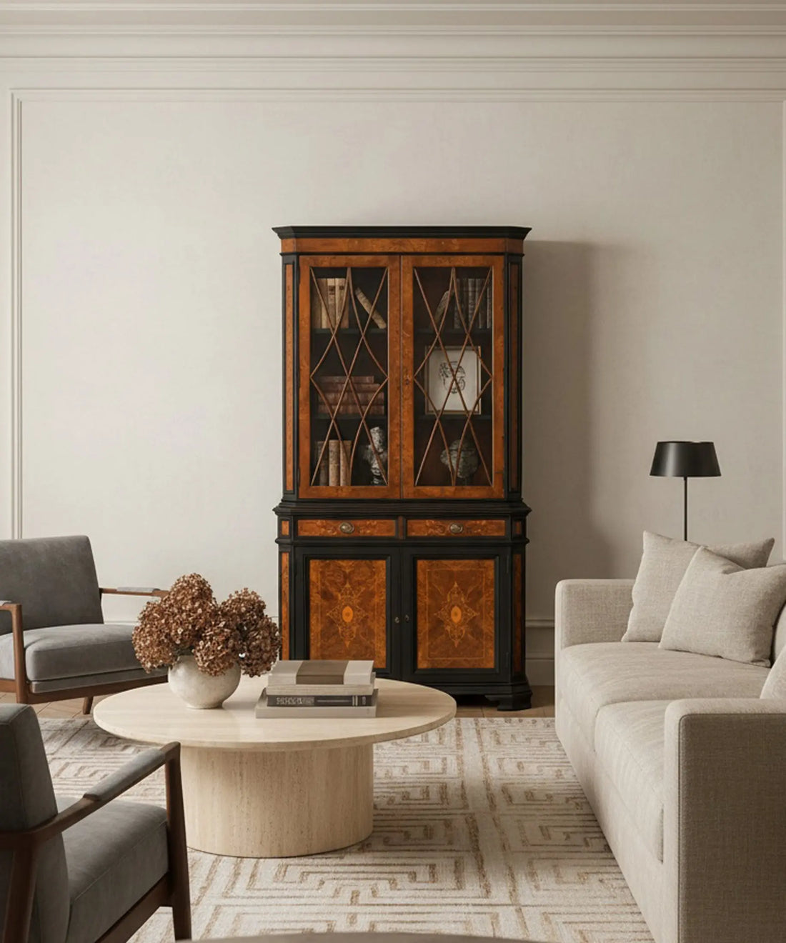 Vitrina aparador victoriano raíz nogal negro ebonizado en salón moderno con libros — Antique Arte y Decoración