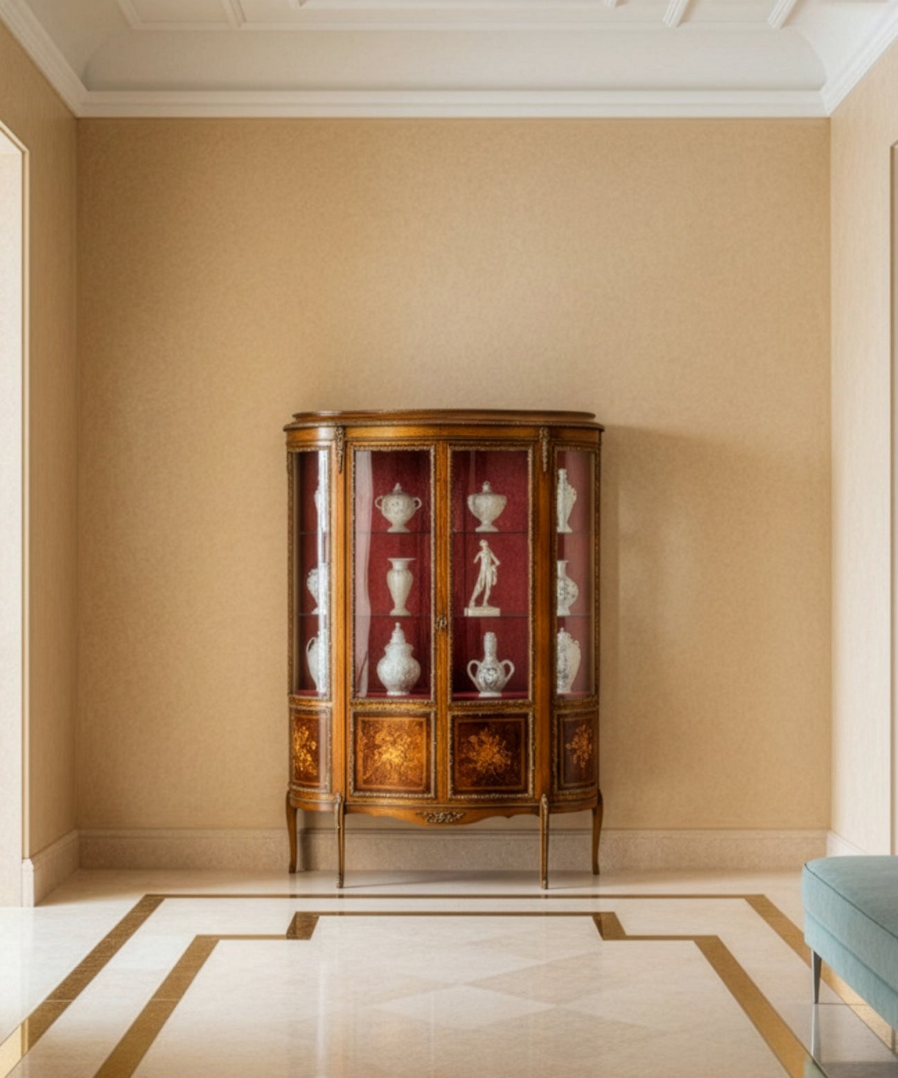 Vitrina francesa estilo Luis XV de media luna con marquetería floral