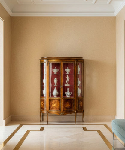 Vitrina francesa estilo Luis XV de media luna con marquetería floral