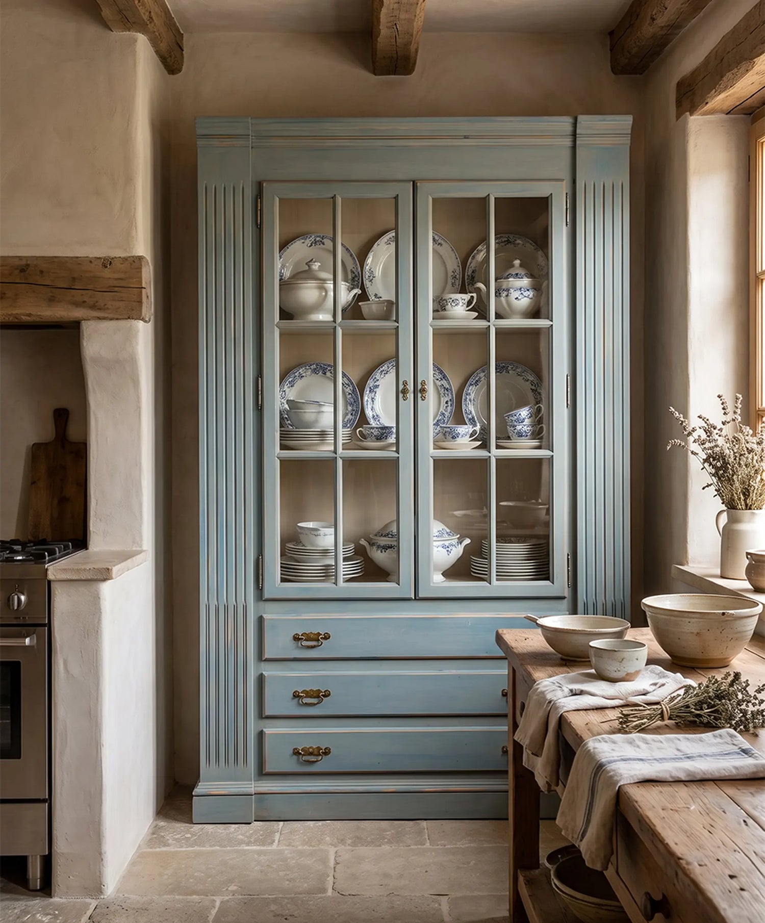 Vitrina de pino pintada a mano con loza azul en cocina de campo — Antique Arte y Decoración