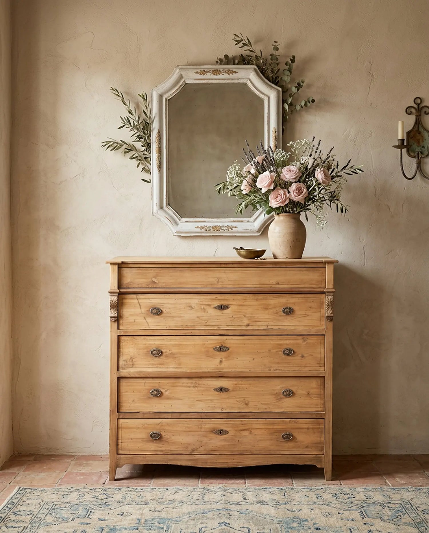 Cómoda antigua pino natural en recibidor clásico con espejo y flores — Antique Arte y Decoración