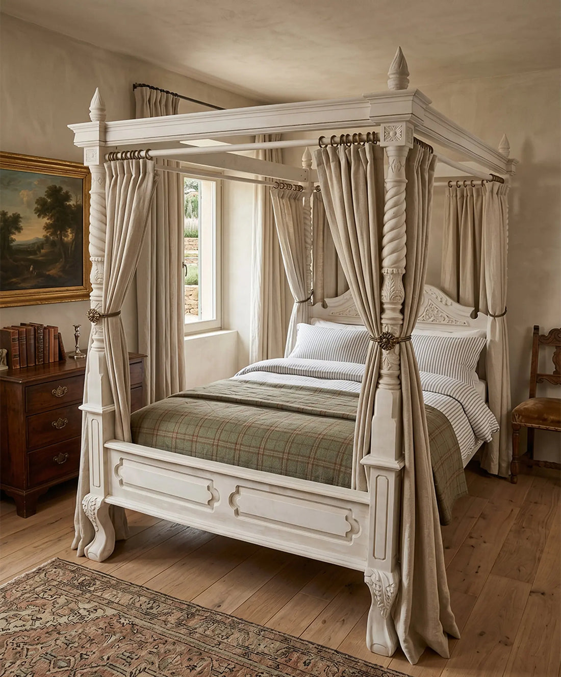 Cama con dosel de cuatro postes blanca decapada en dormitorio rústico con cortinas de lino — Antique Arte y Decoración