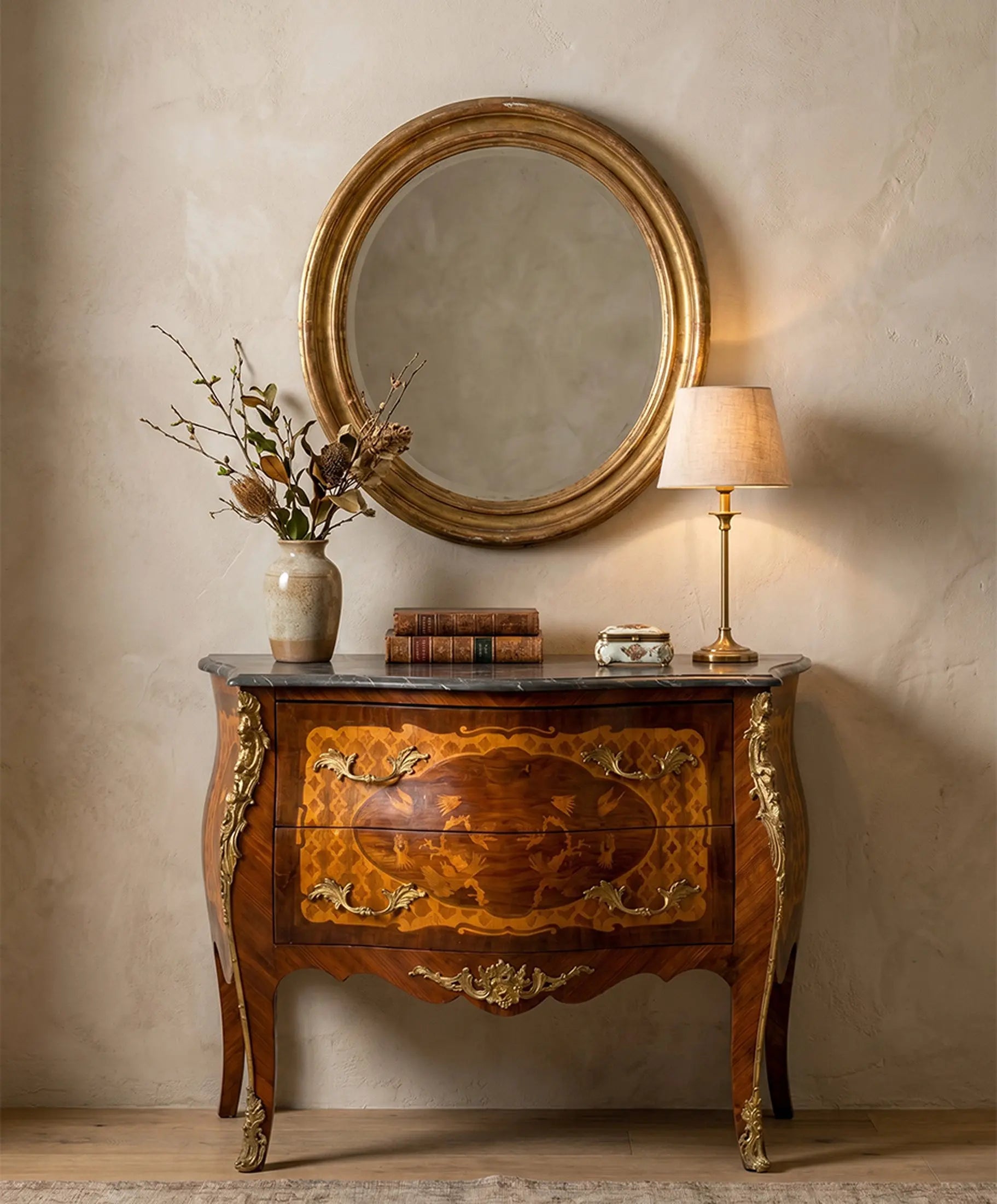 Cómoda antigua de marquetería y mármol negro en salón con espejo oval dorado — Antique Arte y Decoración