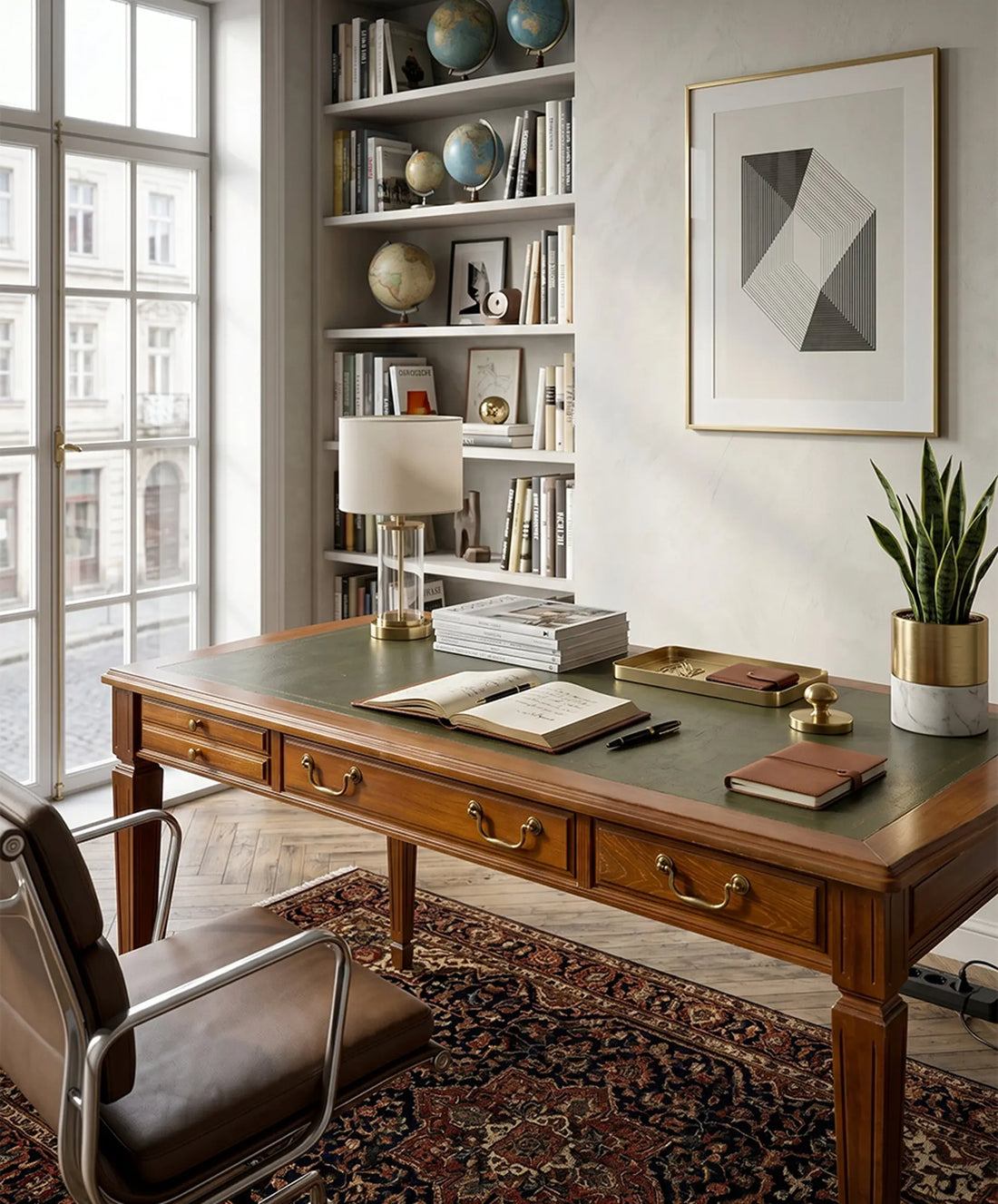 Escritorio clásico de nogal con tapa de cuero verde decorando un estudio moderno y elegante.