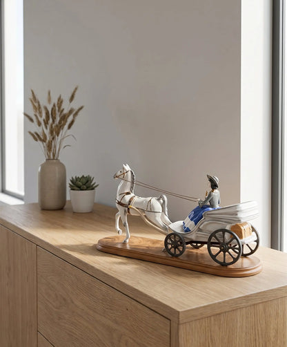 Figura de Porcelana Dama en Carruaje con Caballo | Vintage Siglo XX