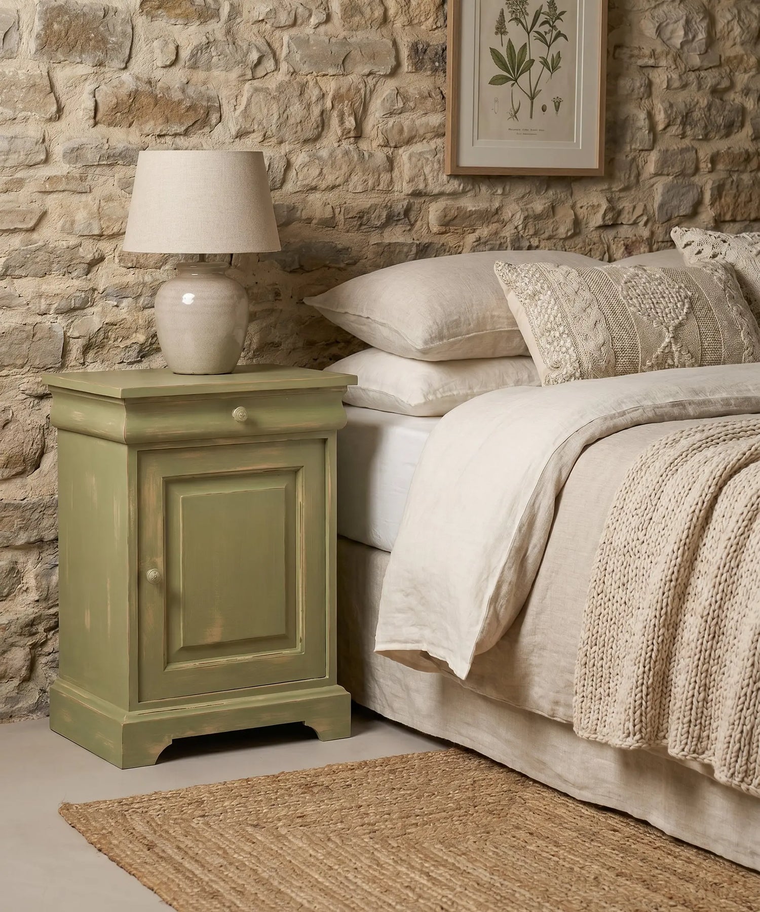 Mesita de noche vintage de madera pintada en verde salvia con acabado decapado estilo shabby chic.