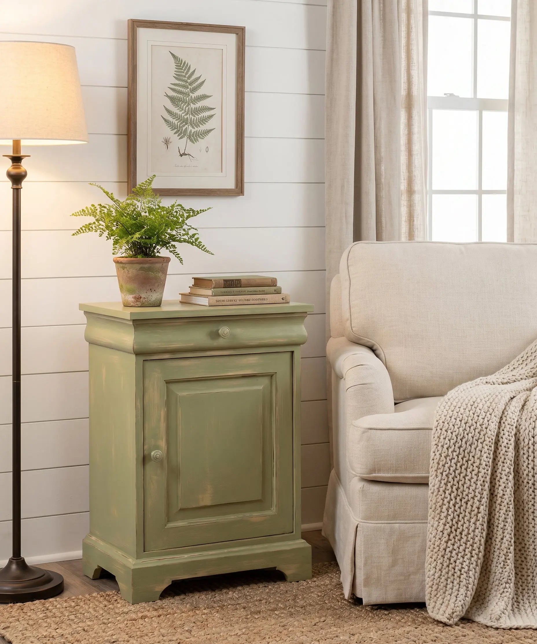 Interior de madera natural de mesita de noche vintage verde con balda de almacenaje.