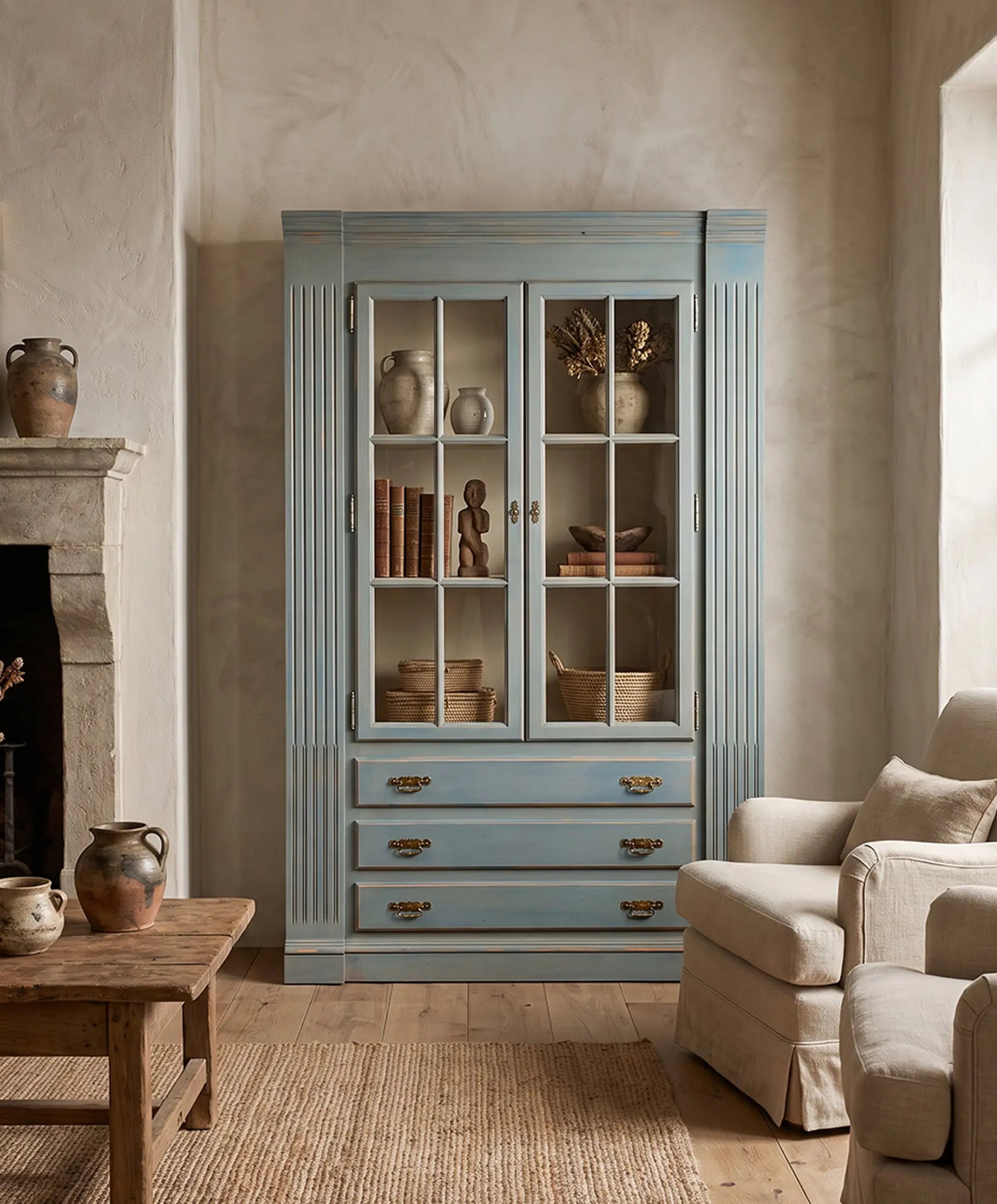 Vitrina vintage de pino azul decapé en salón junto a chimenea de piedra — Antique Arte y Decoración