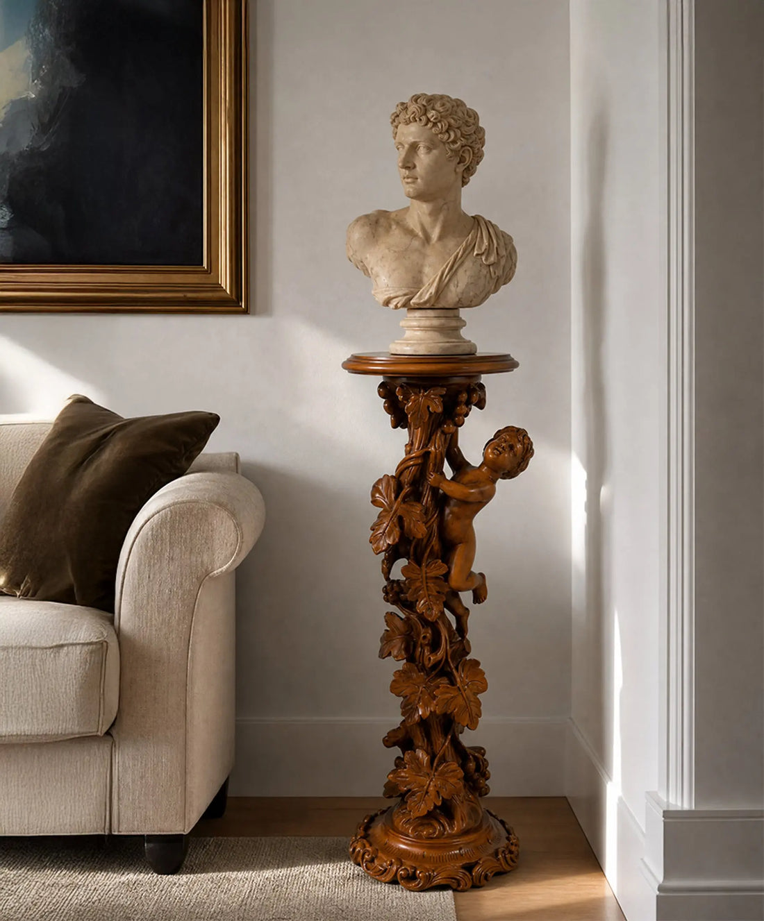 Pedestal escultorico Belle Epoque nogal macizo decoracion recibidor salon — Antique Arte y Decoracion