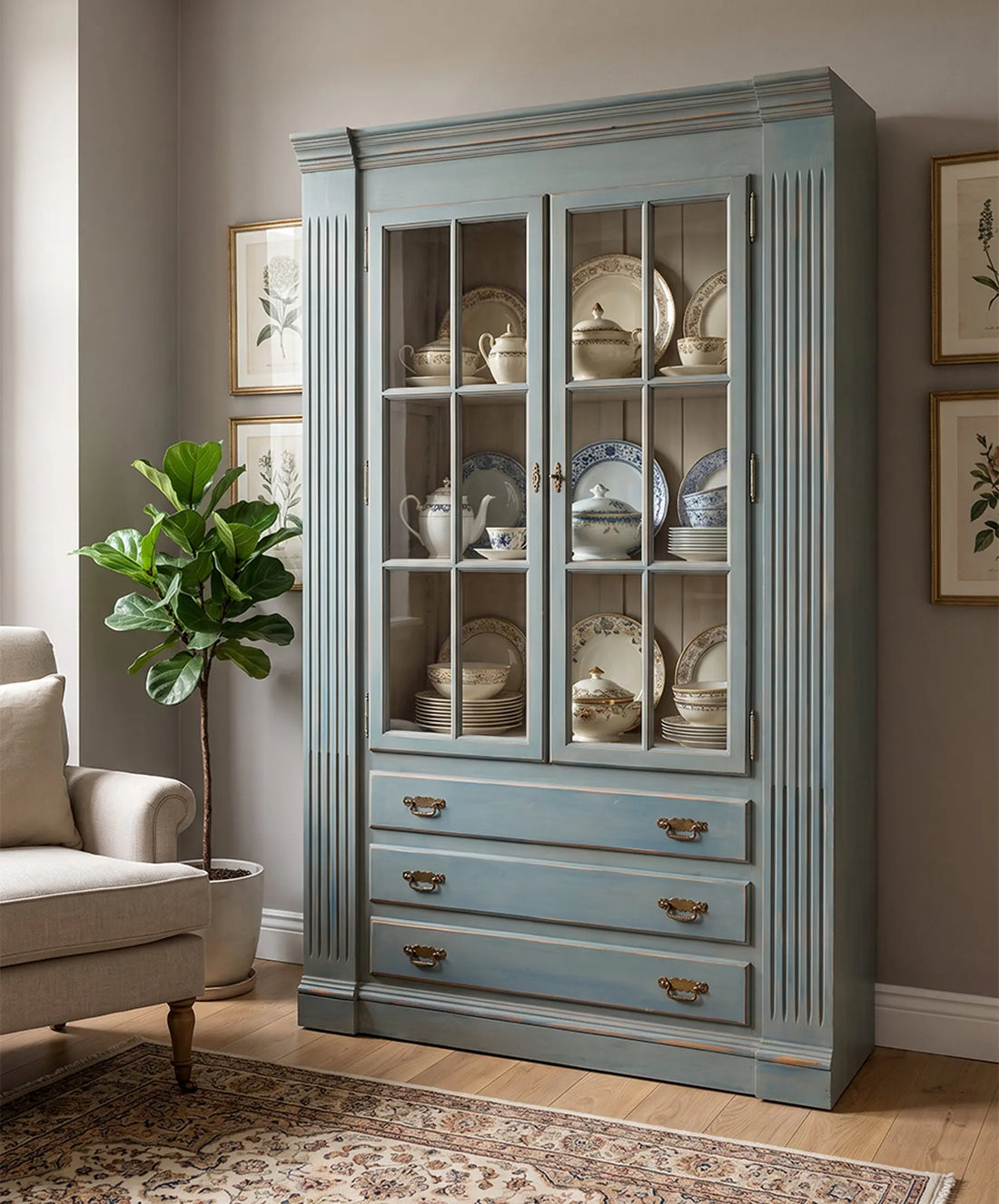 Vitrina Vintage de Pino Macizo Pintada a Mano | Azul Decapé