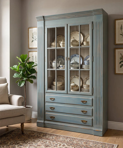 Vitrina azul decapé con vajilla en cocina rústica de piedra — Antique Arte y Decoración