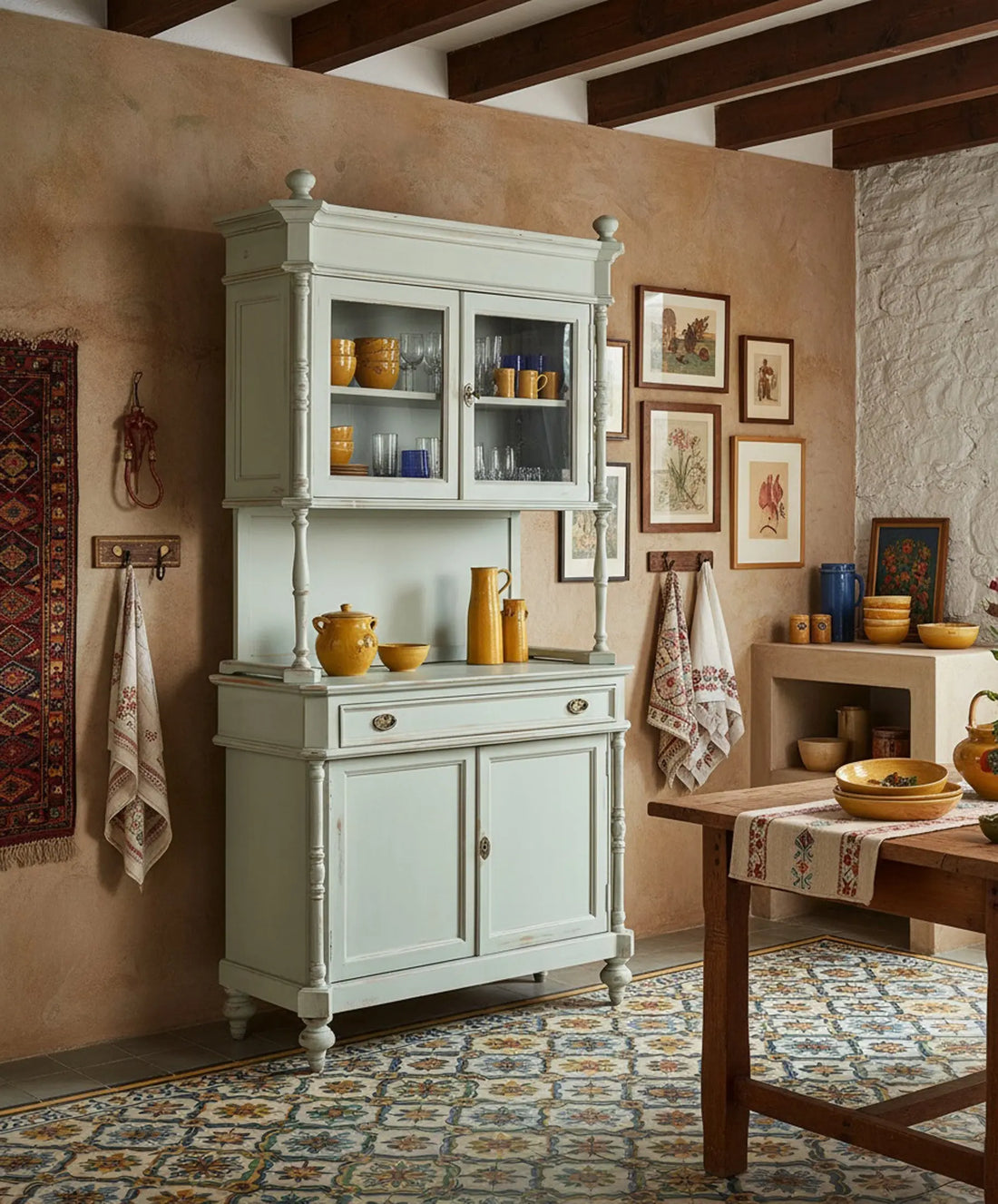 Alacena vintage azul cielo decapé decorada con vajilla en ambiente vintage francés — Antique Arte y Decoración