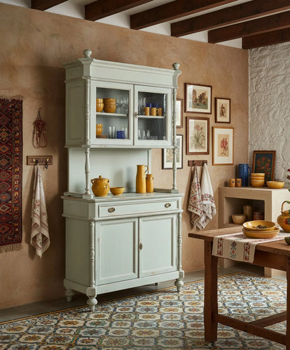 Alacena vintage azul cielo decapé decorada con vajilla en ambiente vintage francés — Antique Arte y Decoración