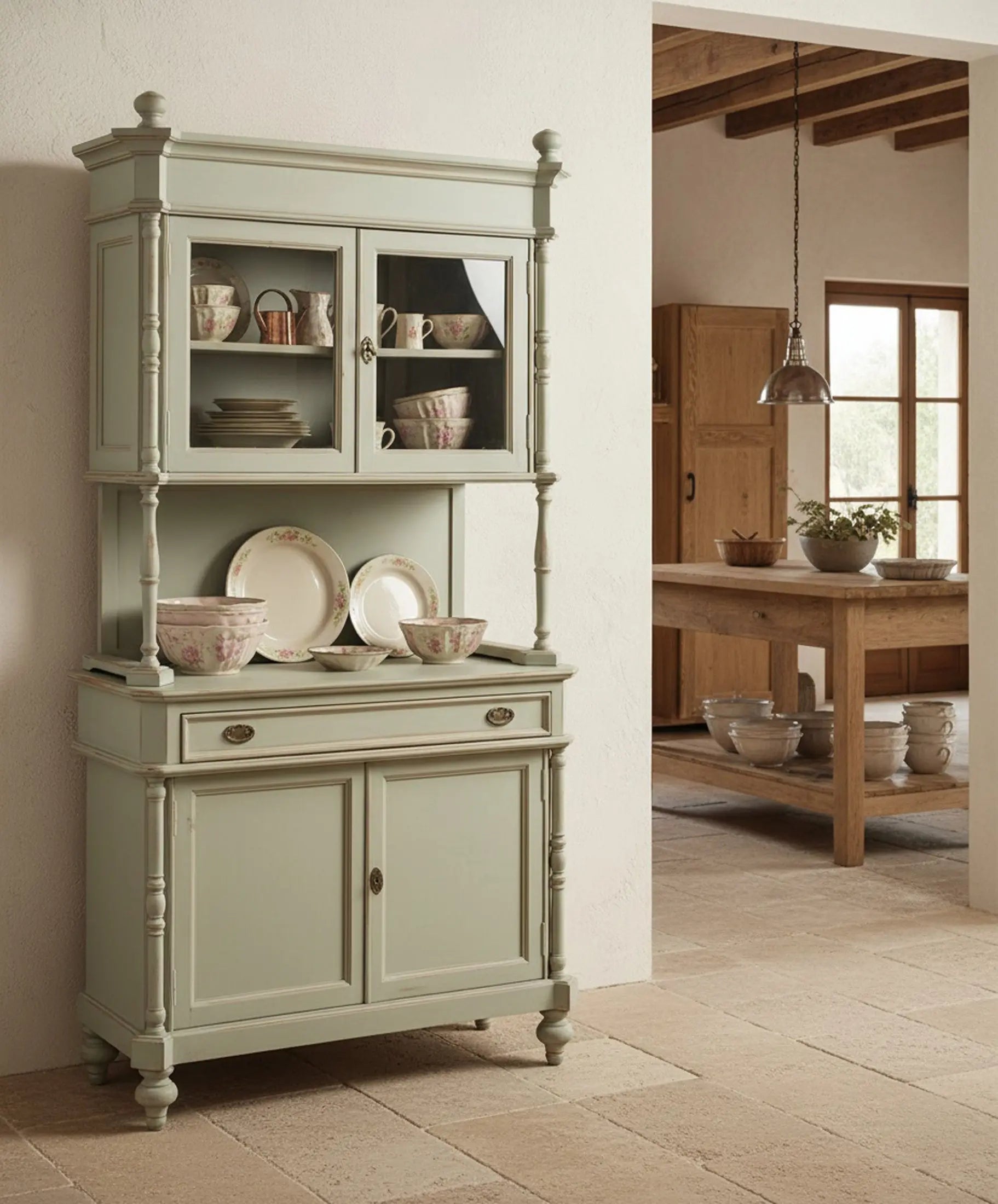 Vitrina alacena alta francesa azul cielo con objetos decorativos en salón clásico — Antique Arte y Decoración
