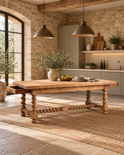 Mesa de Comedor de Roble Macizo de 220 cm | Patas Salomónicas, Francia