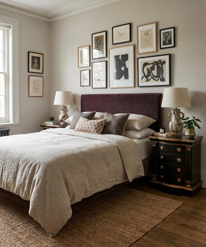 Dormitorio principal elegante con cama king size flanqueada por la pareja de mesitas de noche negras y doradas de gran formato.