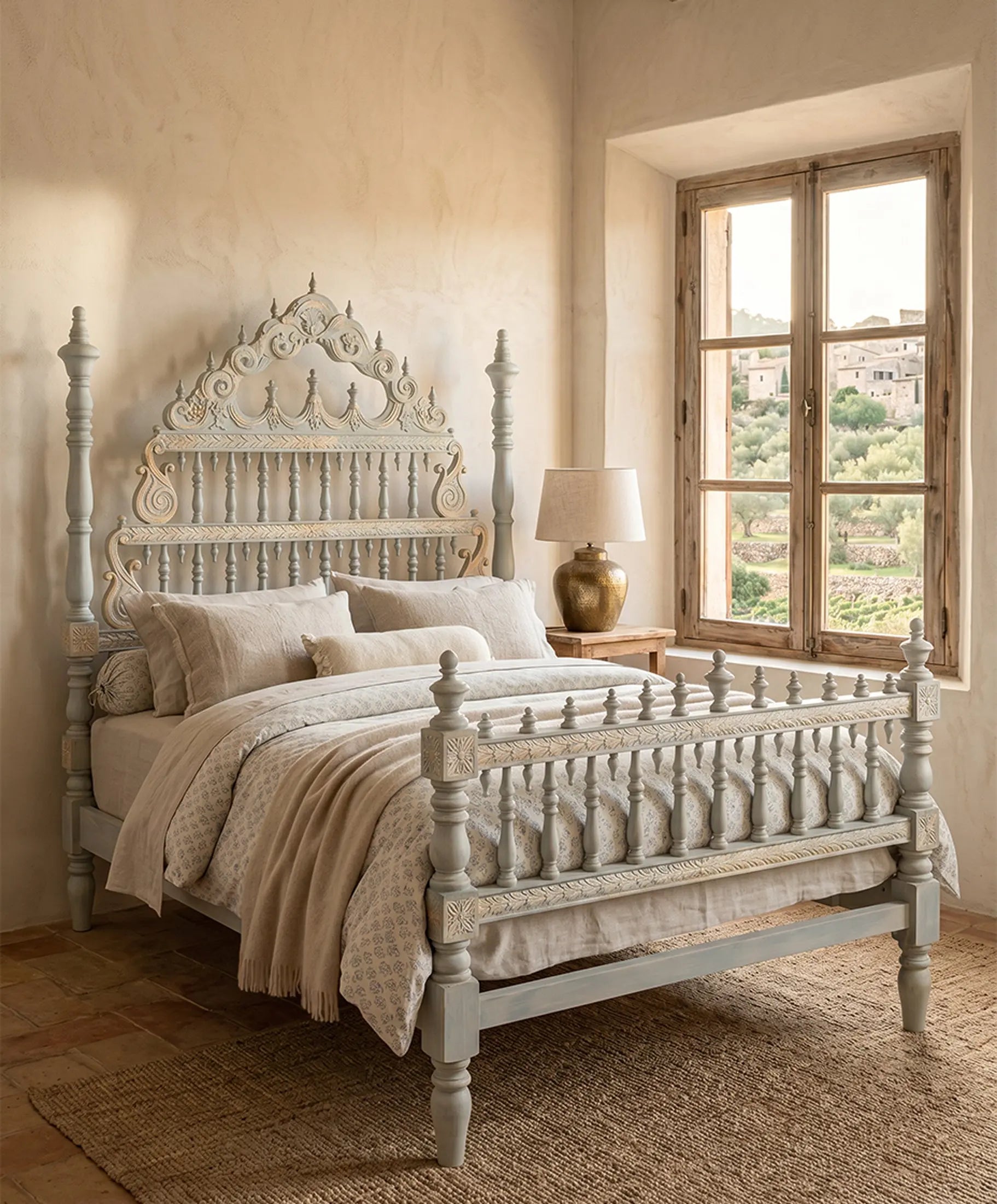 Cama portuguesa bilros 135 cm roble macizo restaurada cabecero querubín en dormitorio provenzal — Antique Arte y Decoración