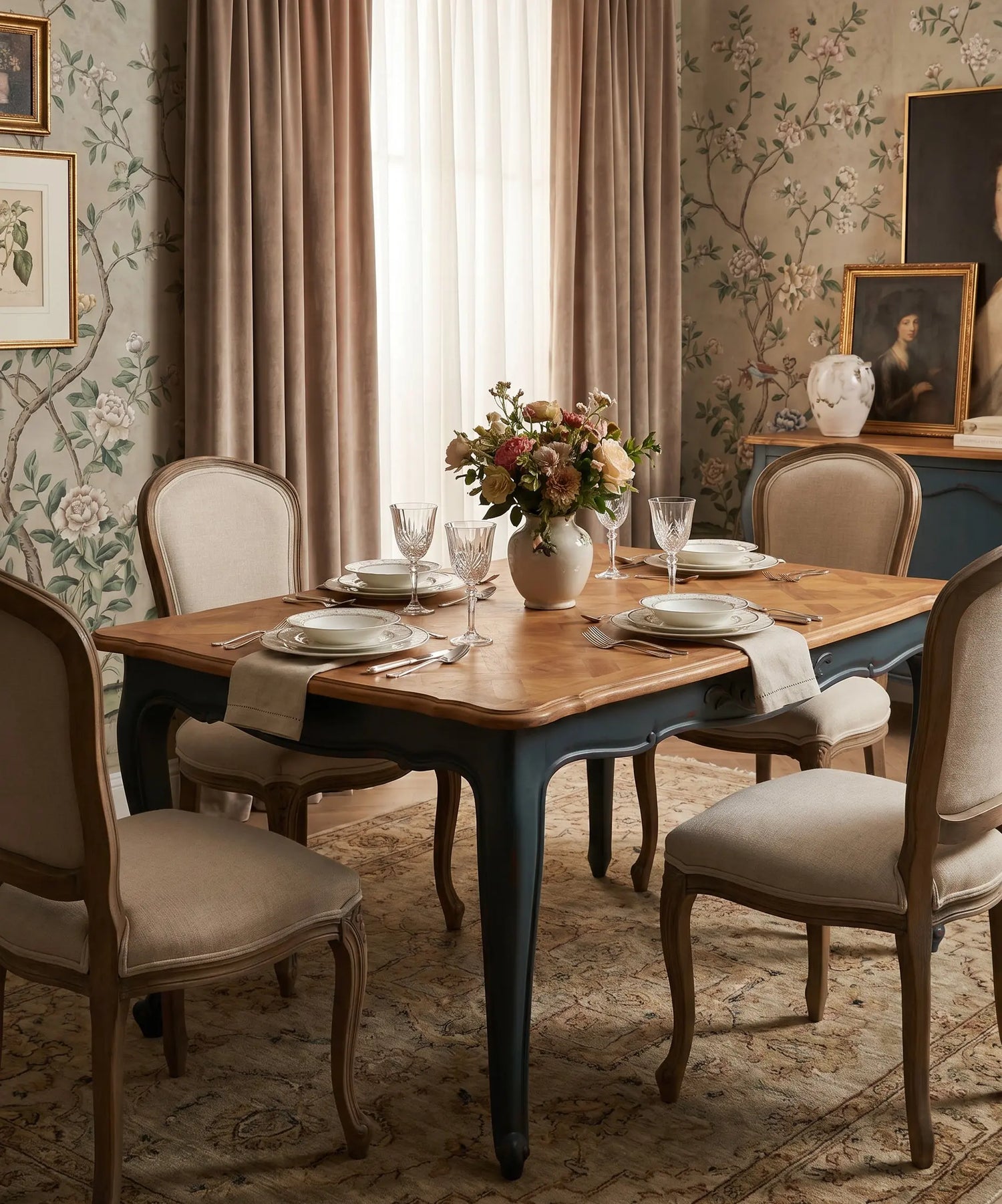 Mesa de Comedor Extensible con Parqué Versalles | Estilo Luis XV en Azul