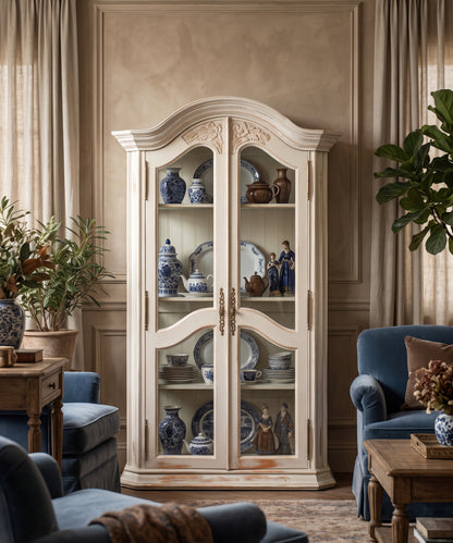 Vitrina provenzal decapada en salón clásico con vajilla azul y blanca — Antique Arte y Decoración