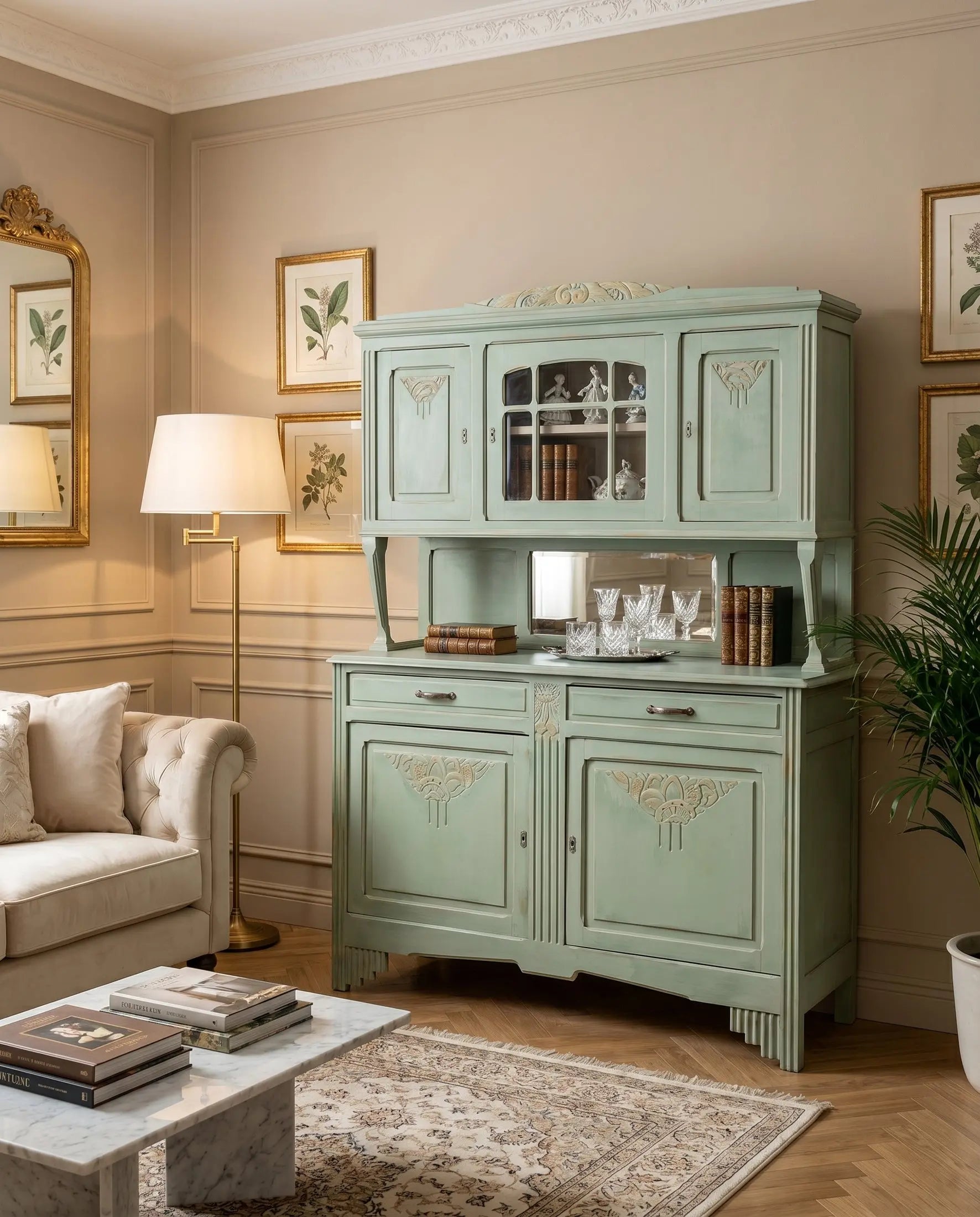 Alacena antigua Art Nouveau verde salvia decorada en salón provenzal con sillones florales — Antique Arte y Decoración