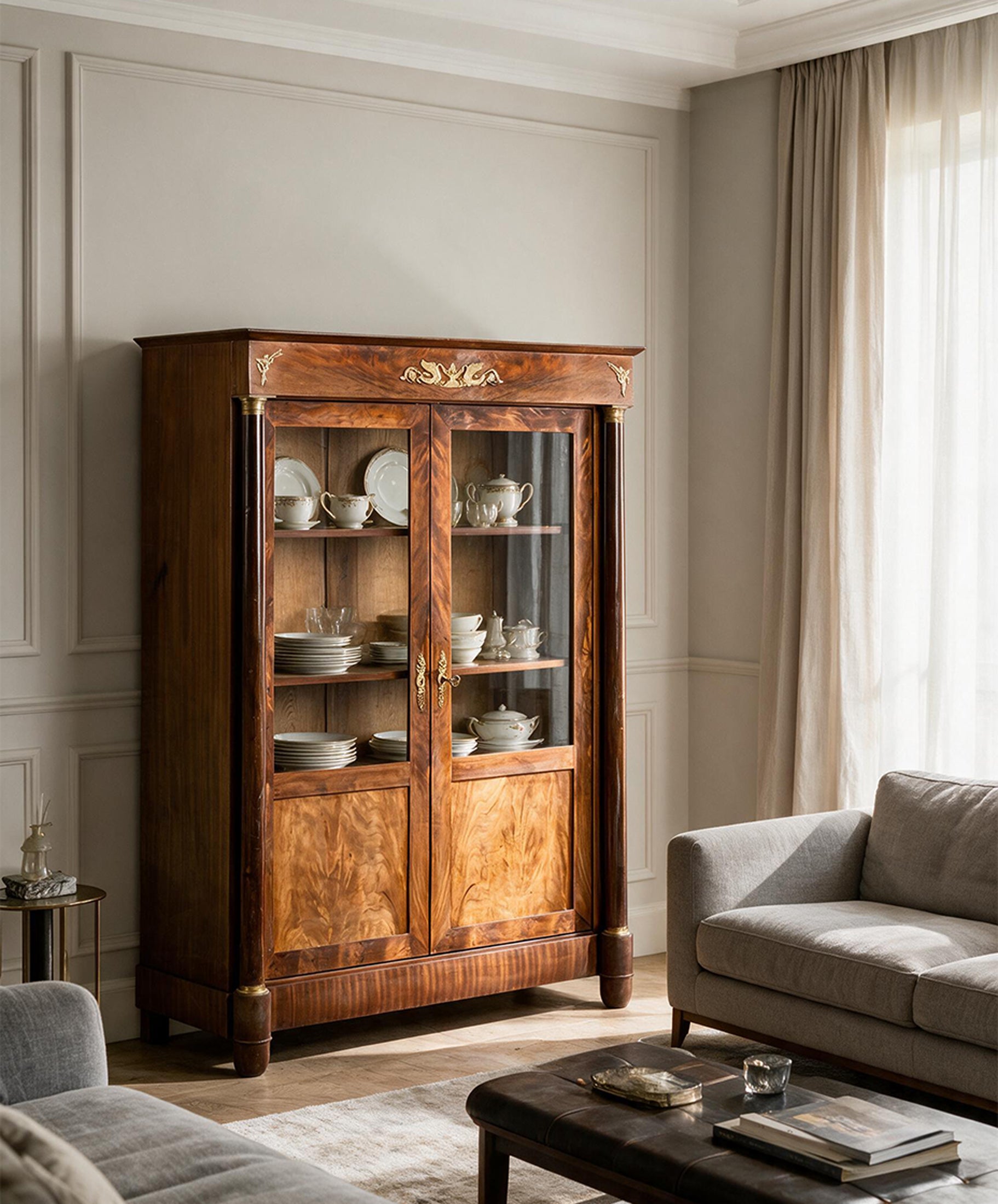 Vitrina Imperio de caoba flameada con columnas en salón con molduras — Antique Arte y Decoración