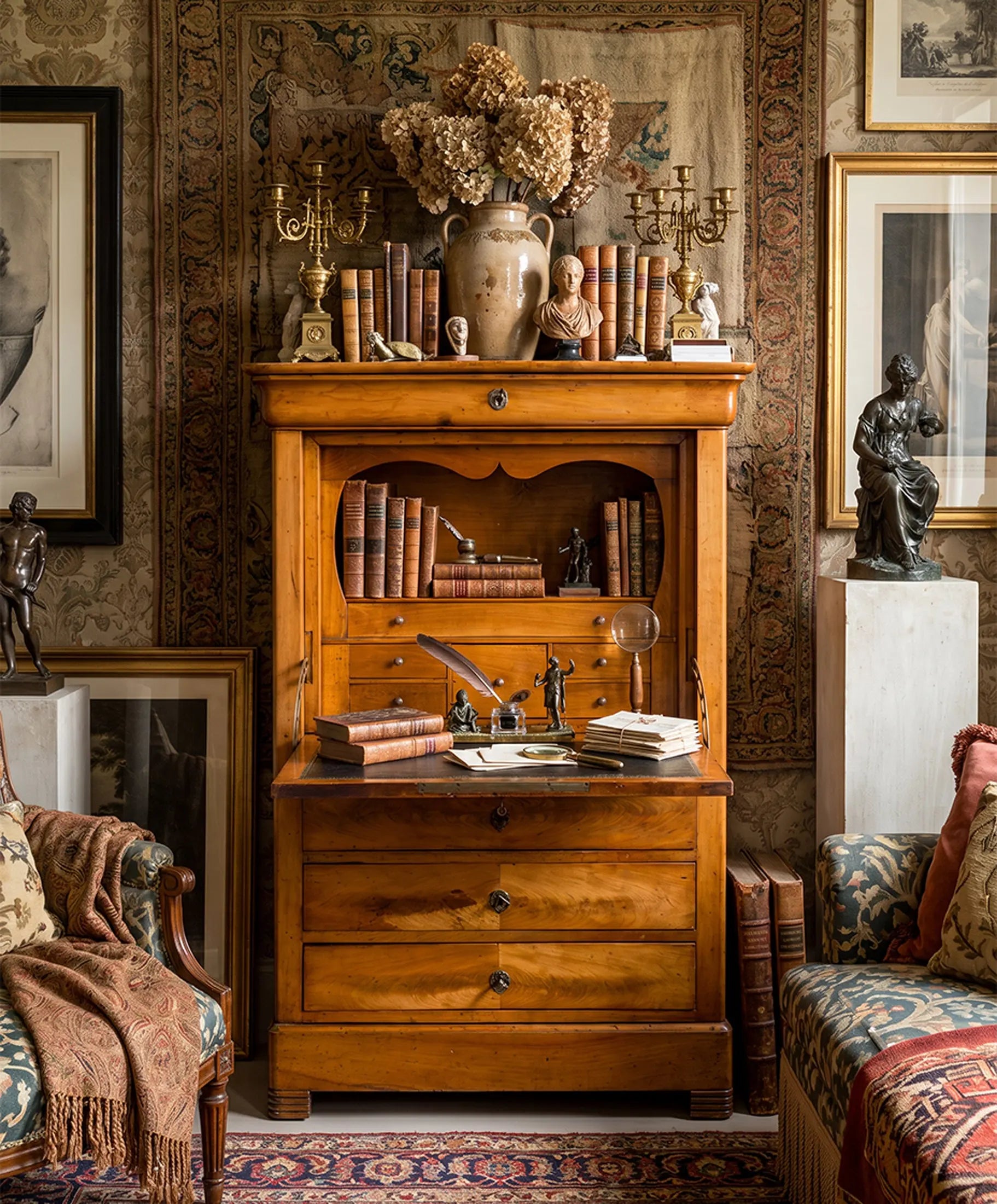 Escritorio secreter abattant siglo XIX ambientado en despacho con libros antiguos — Antique Arte y Decoración