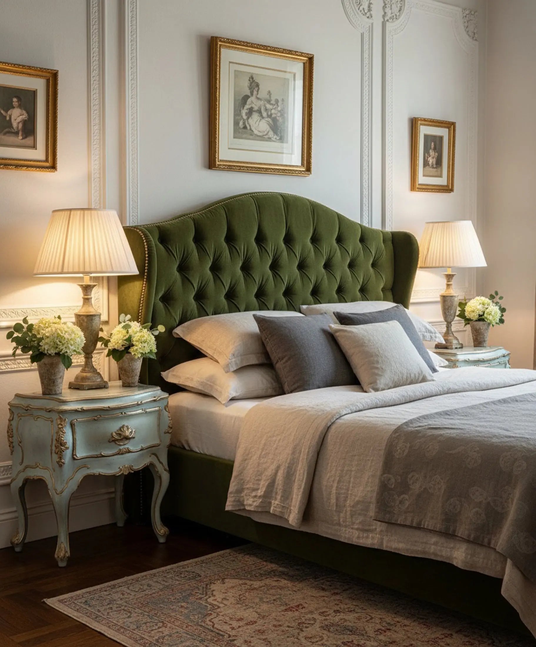 Mesita veneciana azul cielo decapé en dormitorio con cabecero verde oliva tapizado y paredes blancas con molduras — Antique Arte y Decoración