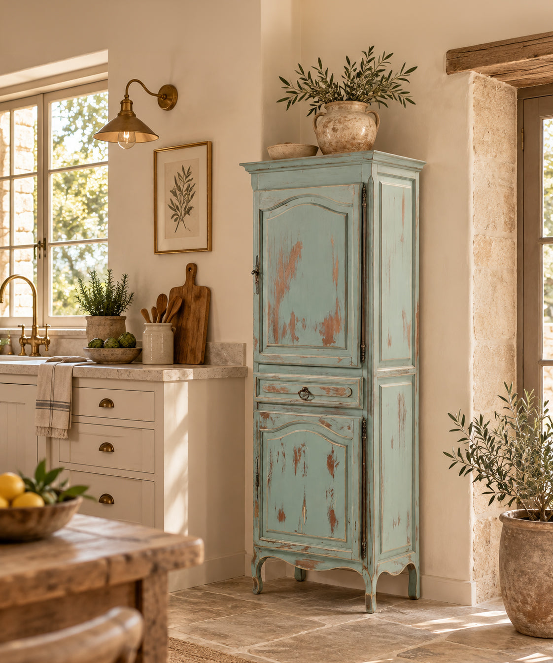 Alacena vintage Luis XV azul decapé en cocina de piedra y cal junto a la ventana — Antique Arte y Decoración