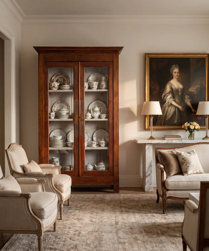 Vitrina vintage de madera en salón clásico con vajilla expuesta tras el cristal — Antique Arte y Decoración