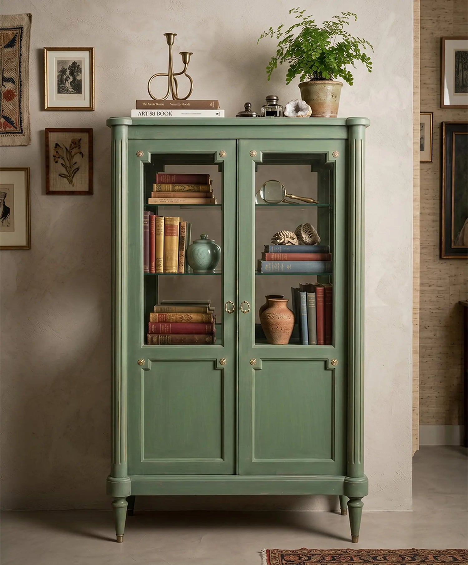 Vitrina vintage verde salvia estilo Luis XVI en salón con sillón de terciopelo — Antique Arte y Decoración