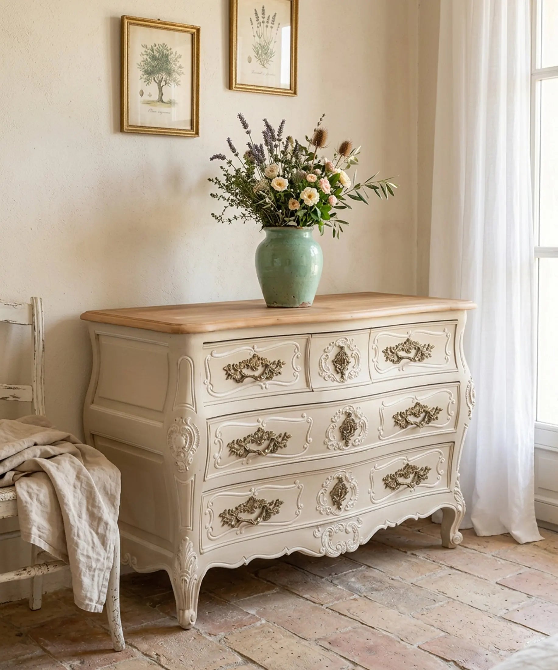 Cómoda Luis XV blanca en salón provenzal con silla vintage estilo francés — Antique Arte y Decoración