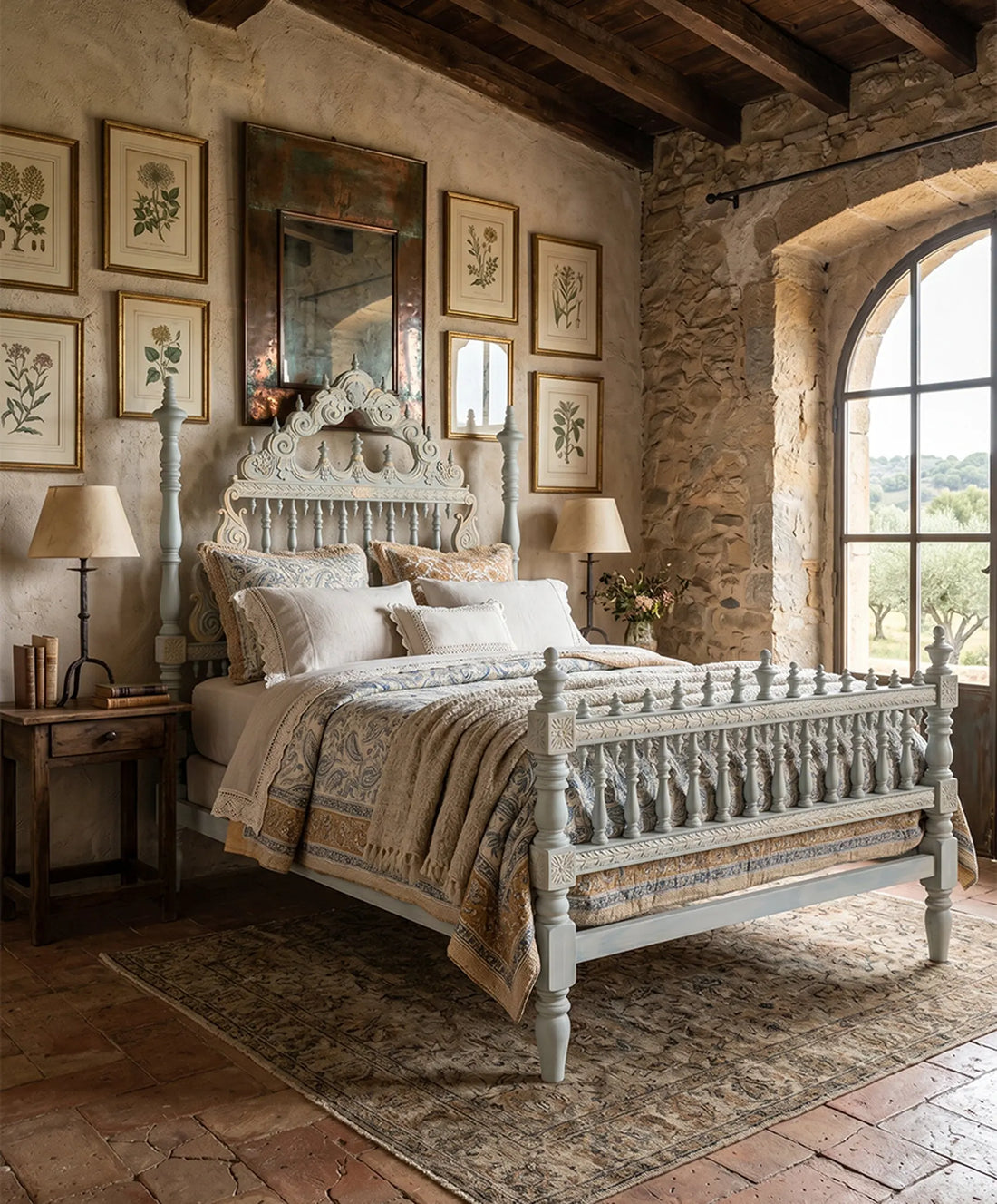 Cama portuguesa bilros roble restaurada gris celadón en dormitorio rústico con vigas y pared de piedra — Antique Arte y Decoración