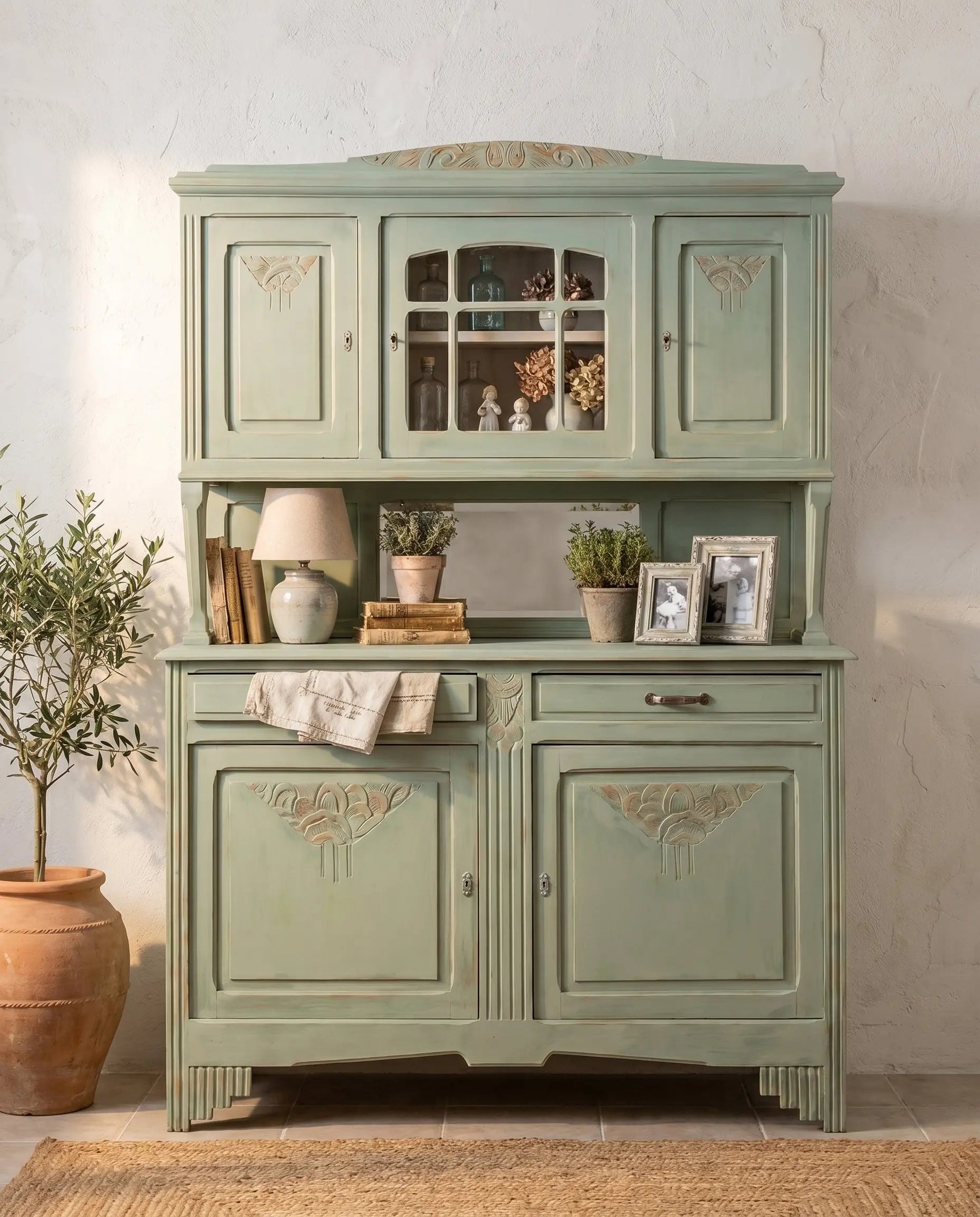 Alacena antigua Art Nouveau verde decapé en salón clásico con espejo dorado y molduras — Antique Arte y Decoración