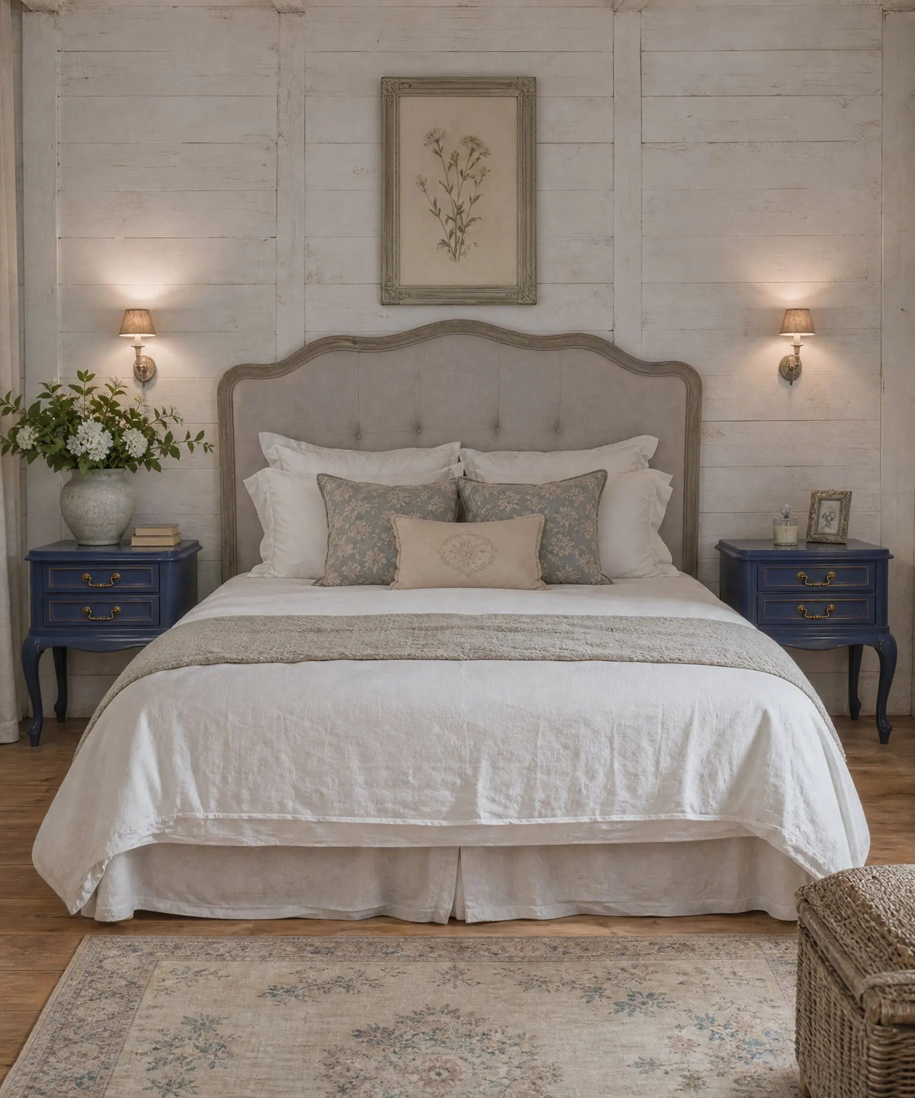 Mesitas de noche azul vintage flanqueando cama matrimonio en dormitorio rústico blanco — Antique Arte y Decoración