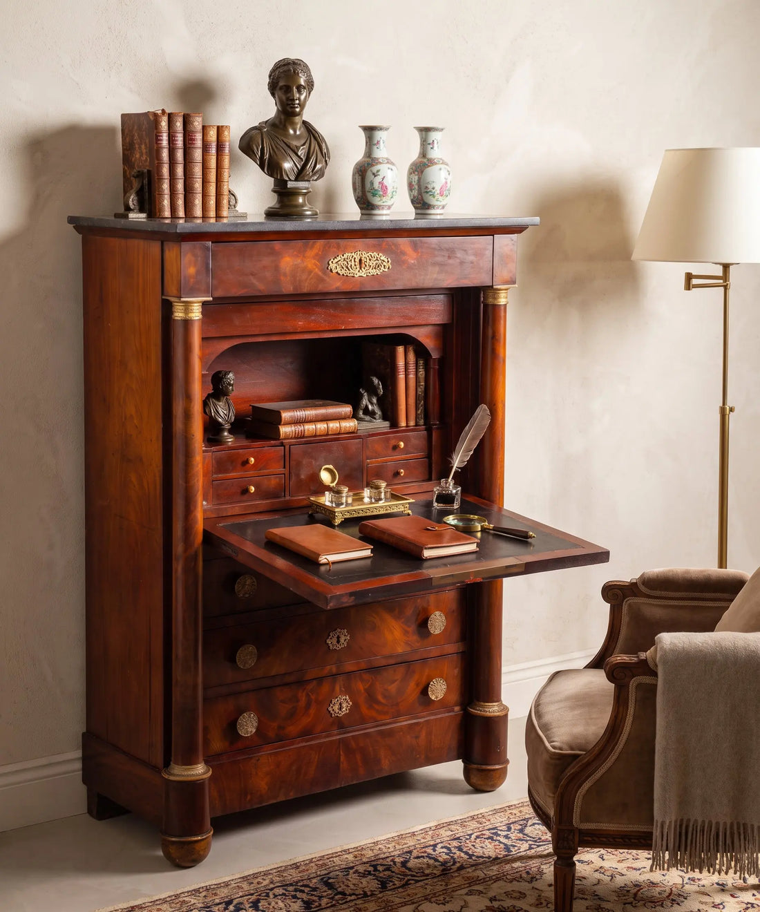 Secreter Imperio abierto como escritorio con tintero y cuadernos — Antique Arte y Decoración