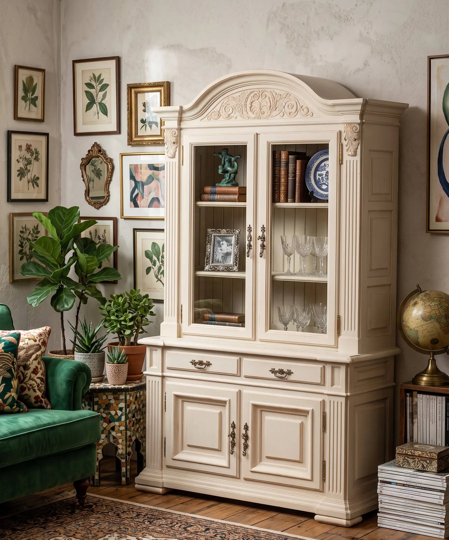 Vitrina pintada a mano en salón ecléctico con láminas botánicas — Antique Arte y Decoración