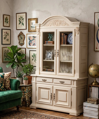 Vitrina pintada a mano en salón ecléctico con láminas botánicas — Antique Arte y Decoración