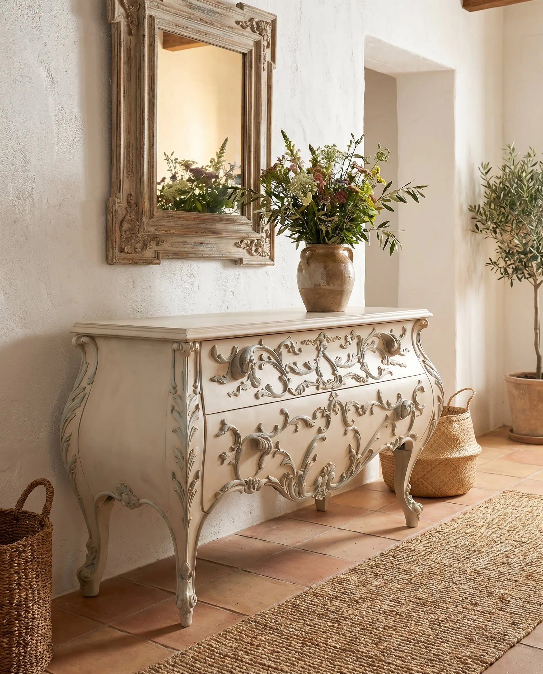 Cómoda bombé estilo Luis XV en decapé crema ambientada en salón decorado — Antique Arte y Decoración