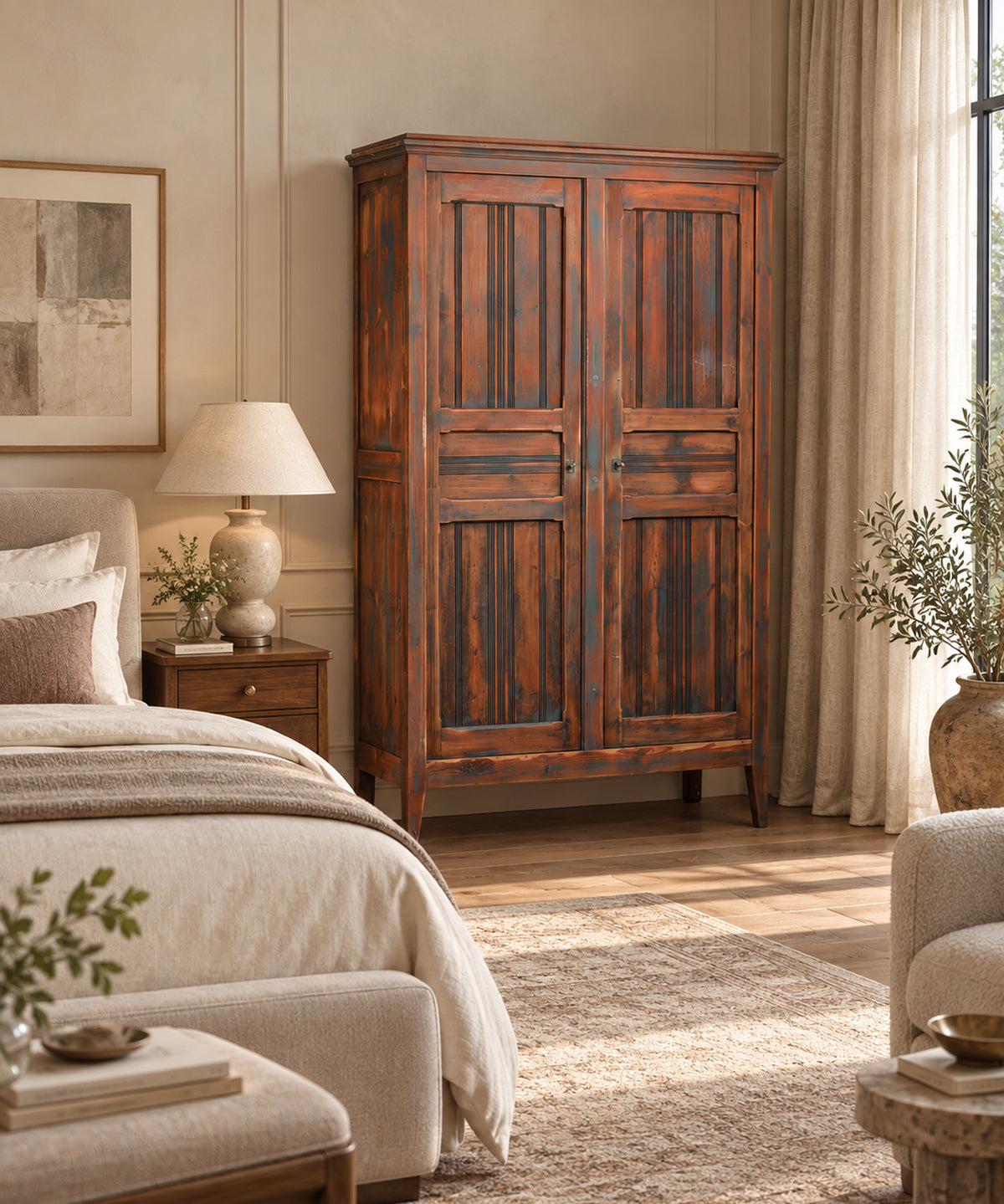 Armario vintage de pino en un dormitorio luminoso junto a la cama — Antique Arte y Decoración