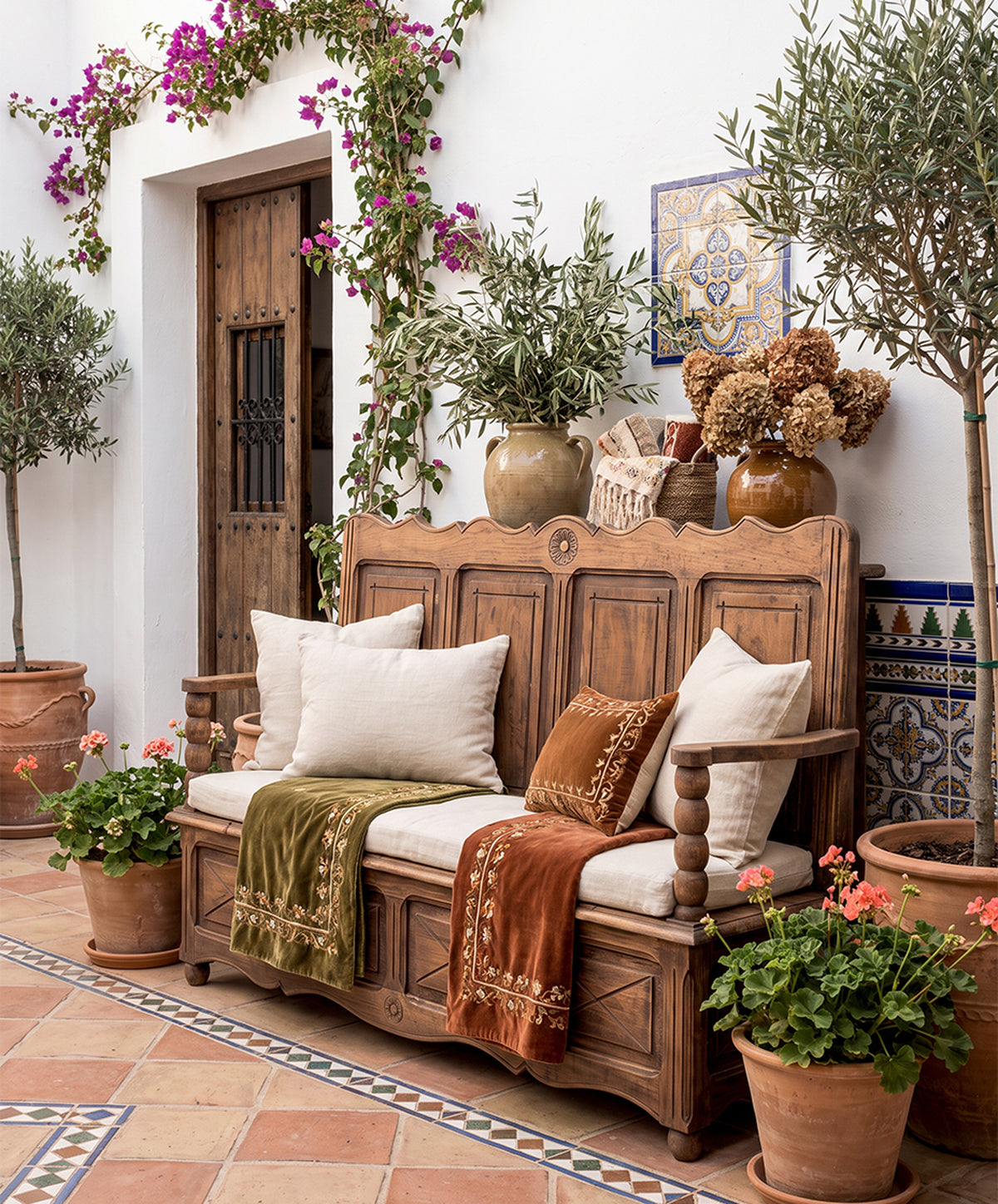 Banco arcón de roble en patio andaluz con cojines — Antique Arte y Decoración