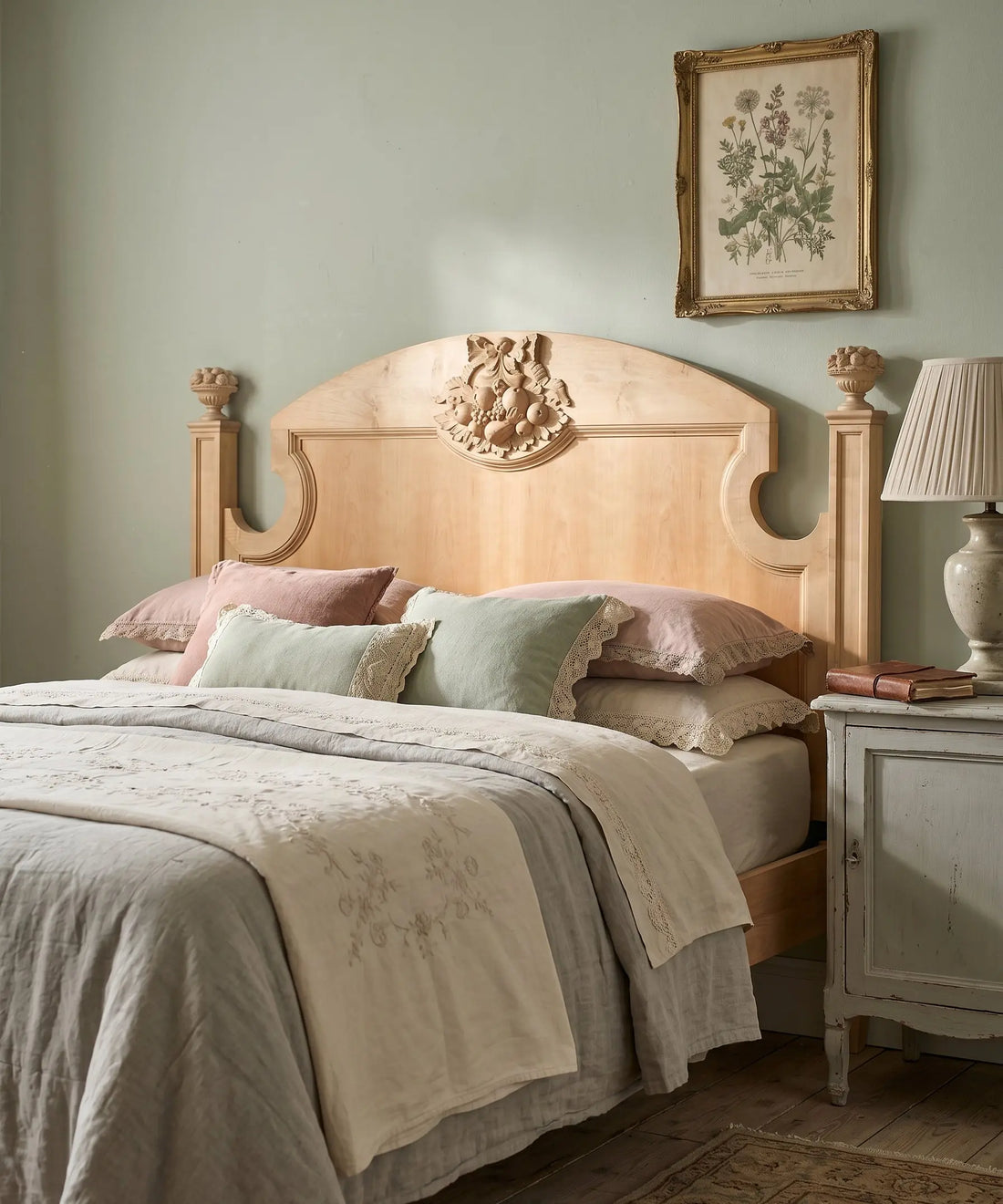 Cabecero de madera natural en dormitorio decorado con paredes verde salvia y ropa de cama de lino — Antique Arte y Decoración